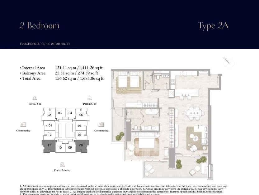Kempinski Marina Residences 2-bedroom Type 2A apartment floor plan, 1,685.86 sq ft.