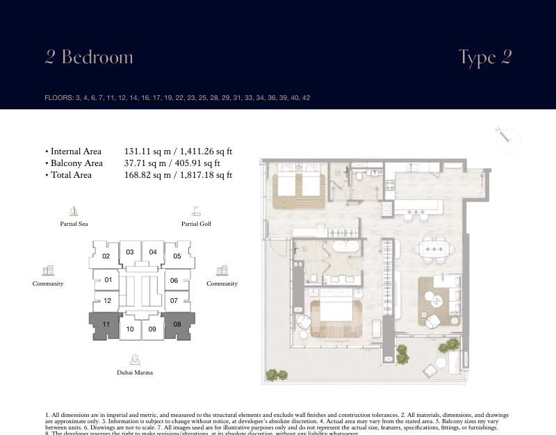 Kempinski Marina Residences 2-bedroom Type 2 apartment floor plan, 1,817.18 sq ft.