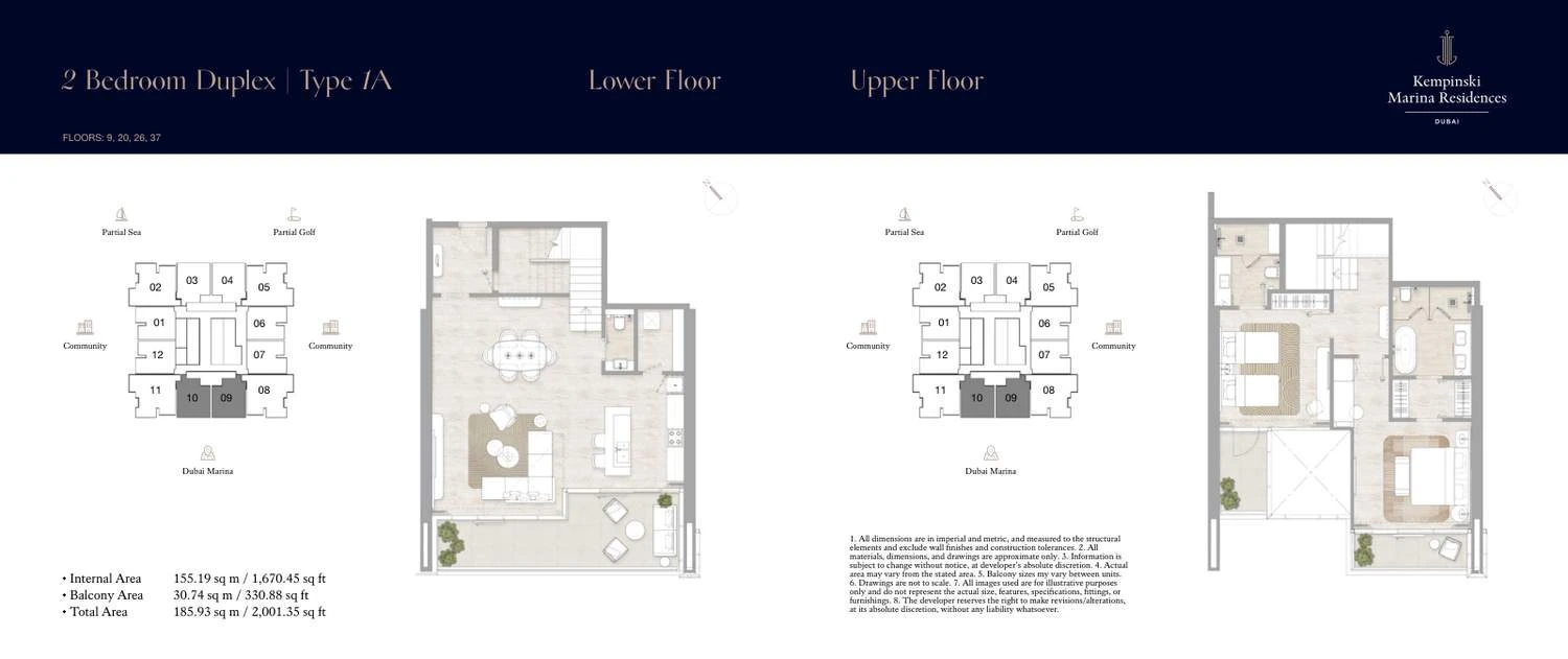 Kempinski Marina Residences 2-bedroom Type 1A duplex lower- and upper-floor floor plan, 2,001.35 sq ft.