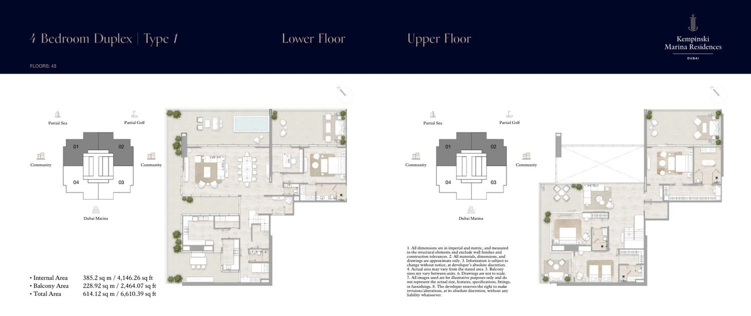 Kempinski Marina Residences 4-bedroom Type 1 duplex lower- and upper-floor floor plan, 6,610.39 sq ft.