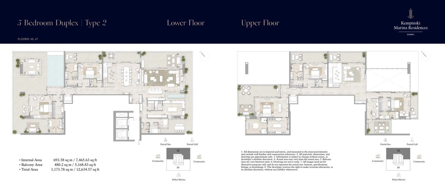Kempinski Marina Residences 5-bedroom Type 2 duplex lower- and upper-floor floor plan, 12,634.57 sq ft.