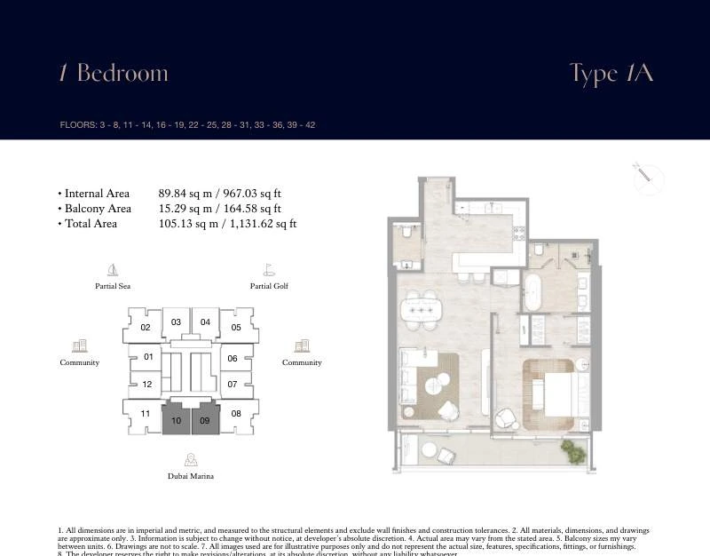 Kempinski Marina Residences 1-bedroom Type 1A apartment floor plan, 1,191.68 sq ft.