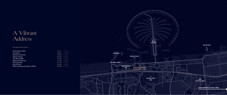 Dubai Marina location map showing Kempinski Marina Residences and key destinations