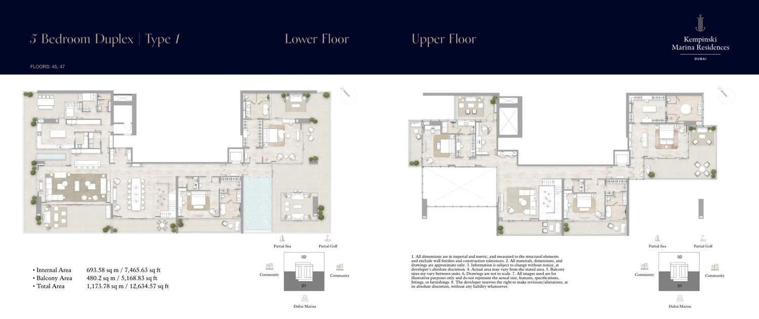 Kempinski Marina Residences 5-bedroom Type 1 duplex lower- and upper-floor floor plan, 12,634.57 sq ft.