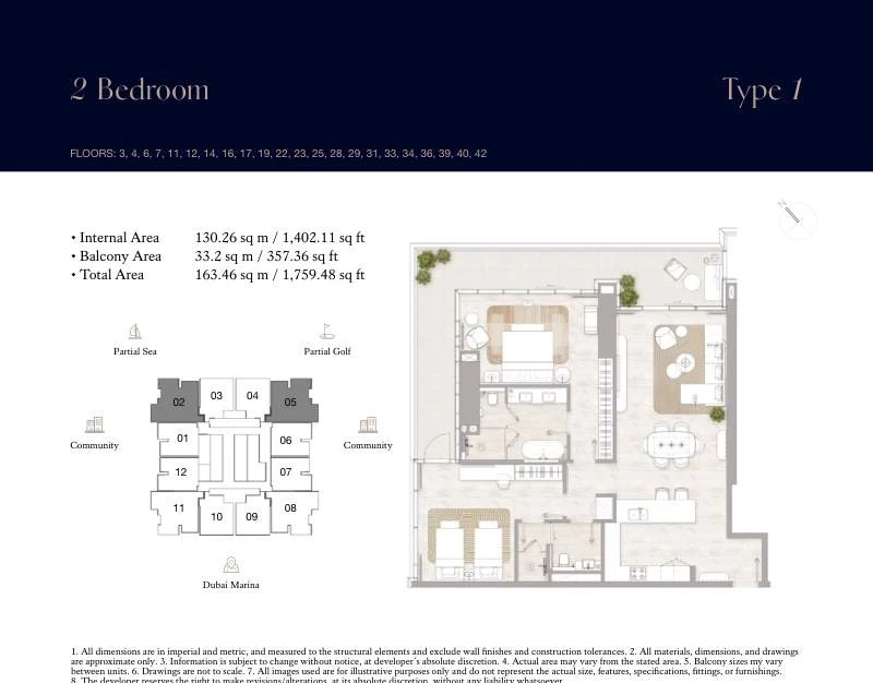 Kempinski Marina Residences 2-bedroom Type 1 apartment floor plan, 1,759.48 sq ft.