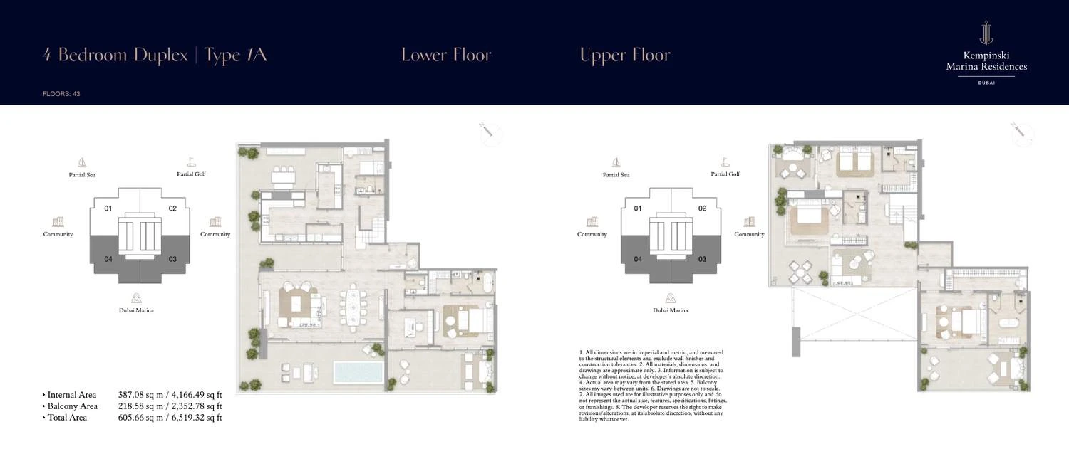 Kempinski Marina Residences 4-bedroom Type 1A duplex lower- and upper-floor floor plan, 6,519.32 sq ft.