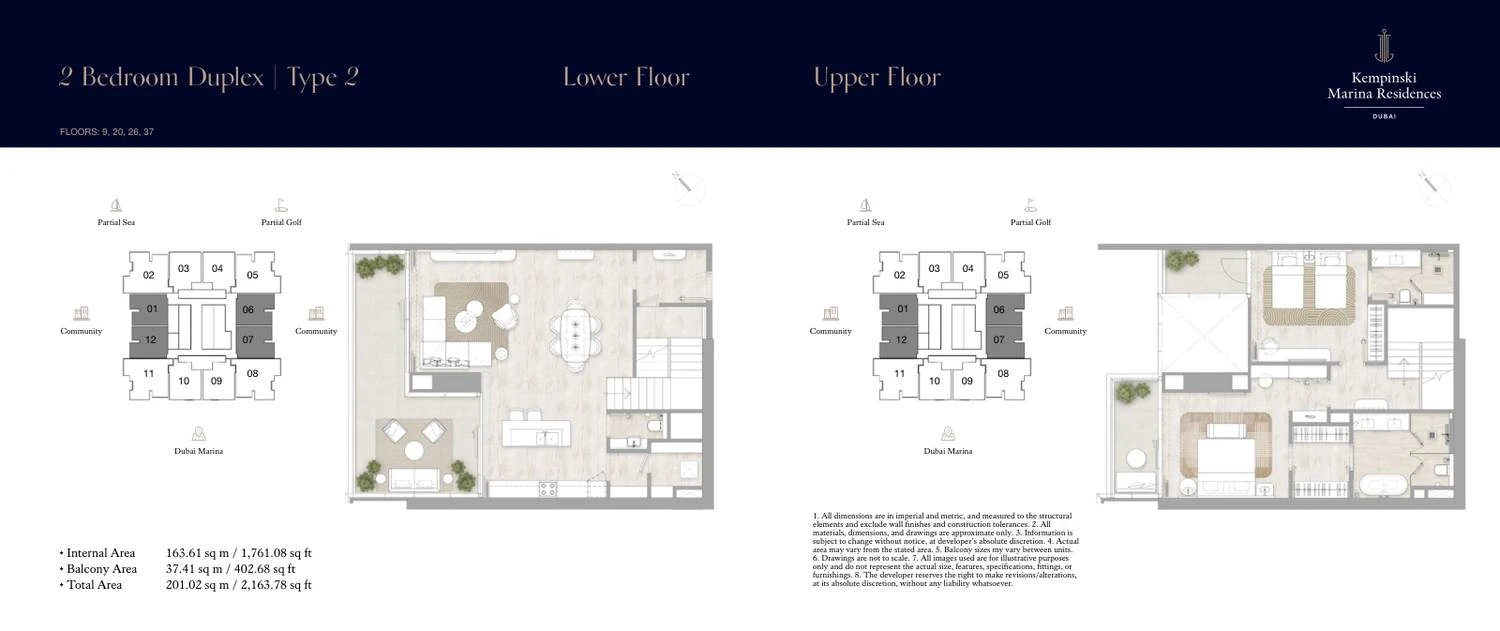 Kempinski Marina Residences 2-bedroom Type 2 duplex lower- and upper-floor floor plan, 2,163.78 sq ft.