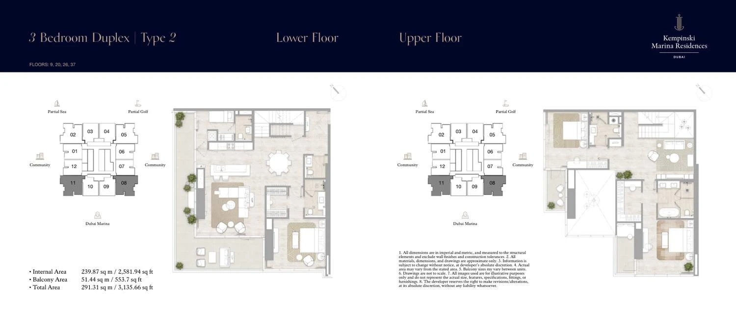 Kempinski Marina Residences 3-bedroom Type 2 duplex lower- and upper-floor floor plan, 3,135.66 sq ft.
