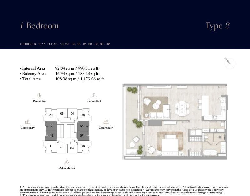 Kempinski Marina Residences 1-bedroom Type 2 apartment floor plan, 1,173.06 sq ft.