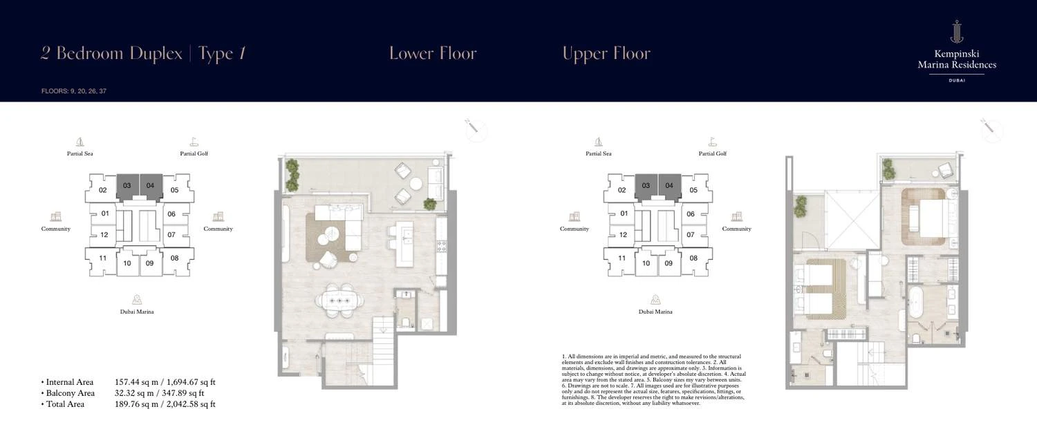 Kempinski Marina Residences 2-bedroom Type 1 duplex lower- and upper-floor floor plan, 2,042.58 sq ft.