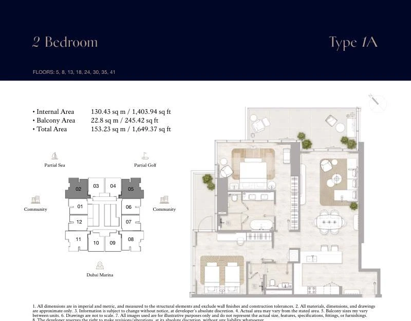 Kempinski Marina Residences 2-bedroom Type 1A apartment floor plan, 1,649.37 sq ft.