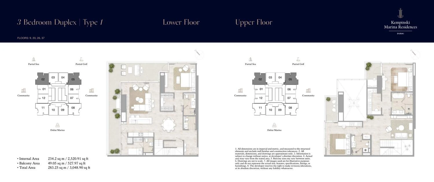 Kempinski Marina Residences 3-bedroom Type 1 duplex lower- and upper-floor floor plan, 3,048.90 sq ft.