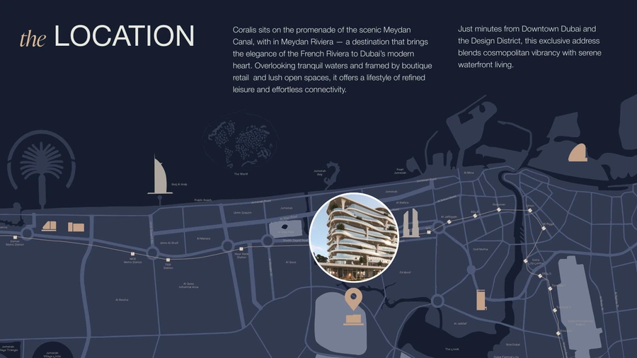 Meydan Riviera location map showing Coralis Residences and key Dubai destinations
