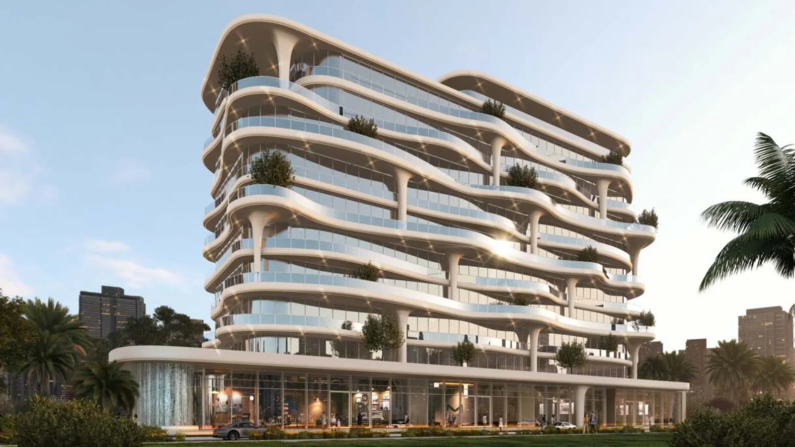 Coralis Residences curved canal-front exterior in Meydan Riviera