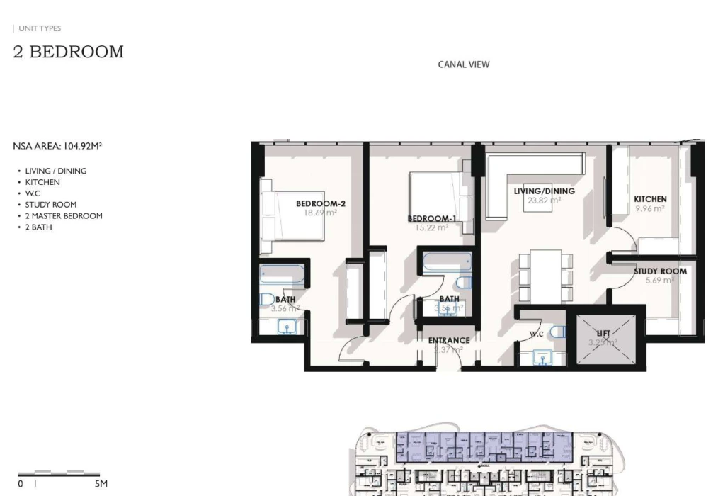 Coralis Residences 2-bedroom canal-view apartment floor plan with study, 1,129.35 sq ft.