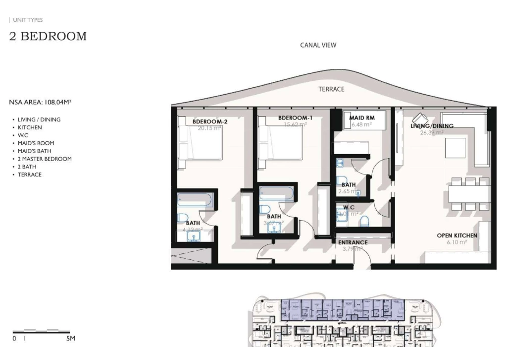 Coralis Residences 2-bedroom canal-view apartment floor plan with maid's room, 1,162.93 sq ft.