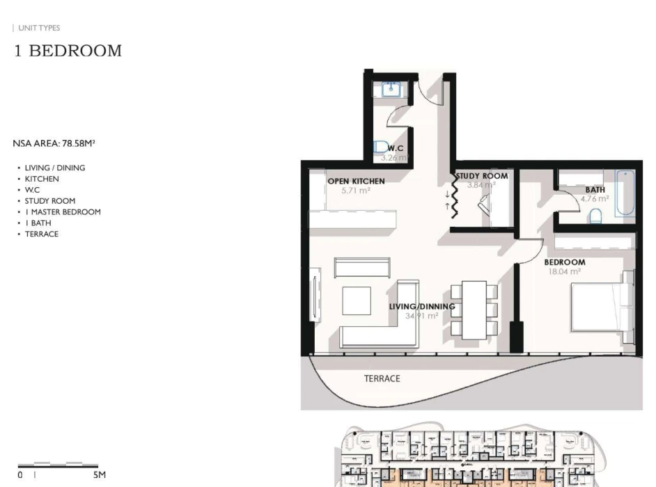 Coralis Residences 1-bedroom apartment floor plan with study, 845.83 sq ft.