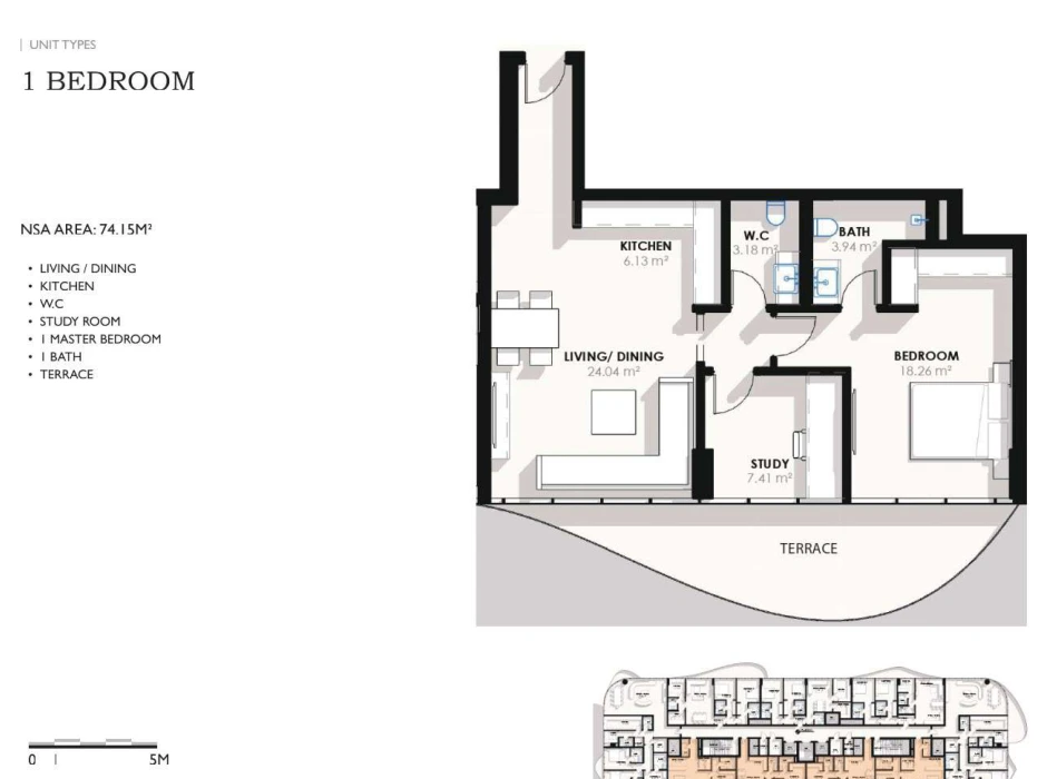 Coralis Residences 1-bedroom apartment floor plan with study, 798.14 sq ft.