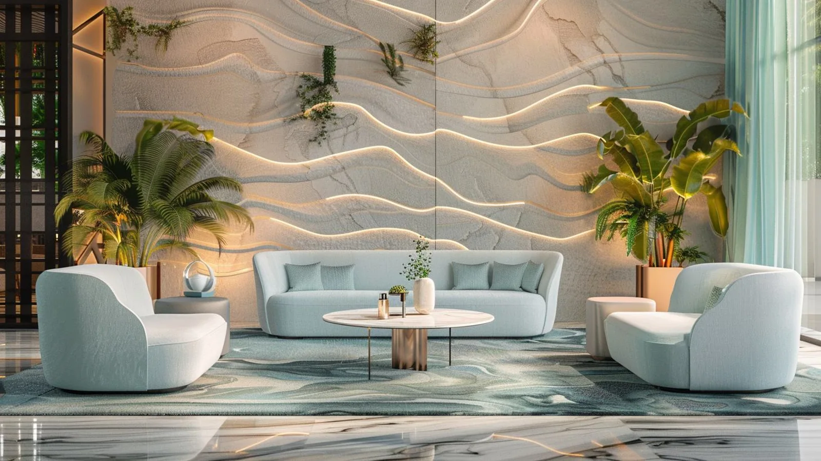 Coralis Residences ground-floor lounge with a coral-inspired feature wall