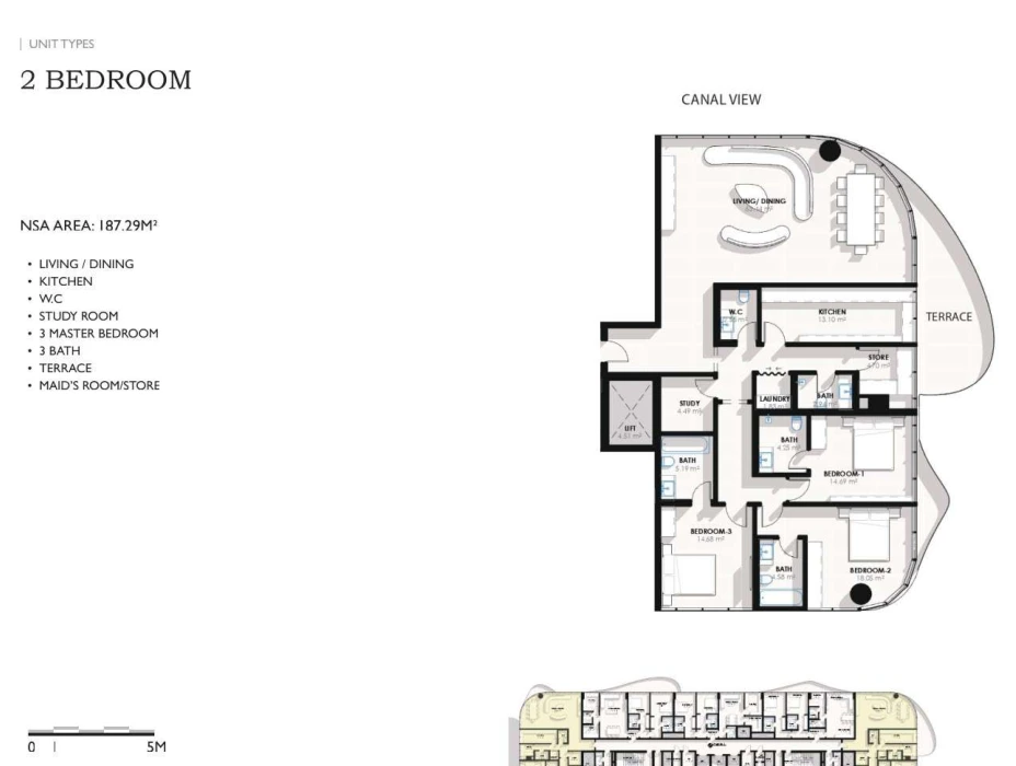 Coralis Residences 3-bedroom canal-view apartment floor plan with study and maid's room, 2,015.97 sq ft.