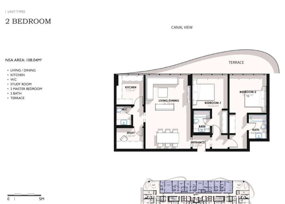 Coralis Residences 2-bedroom canal-view apartment floor plan with study, 1,162.93 sq ft.