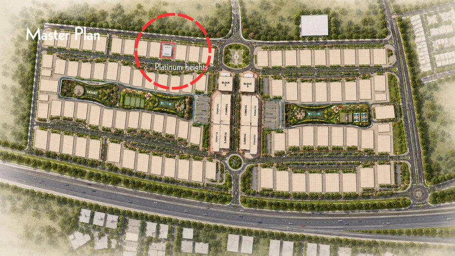 Emirates City master plan showing the marked Platinum Heights plot and surrounding community layout