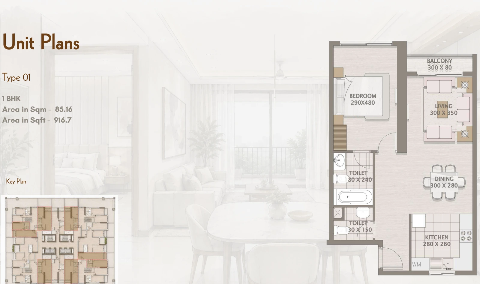 Platinum Heights 1-bedroom Type 01 apartment floor plan in Platinum Heights, 916.7 sq ft
