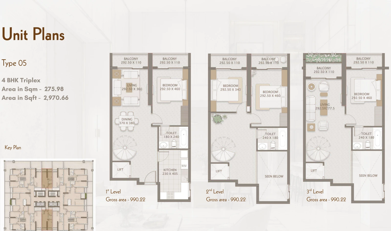 Platinum Heights 4-bedroom Type 05 Triplex duplex floor plan showing first, second and third levels in Platinum Heights, 2,970.66 sq ft