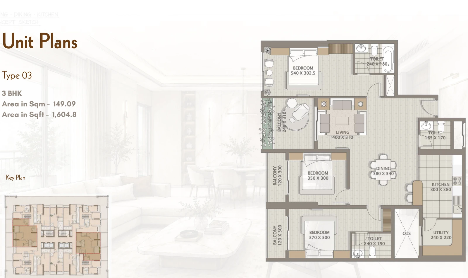 Platinum Heights 3-bedroom Type 03 apartment floor plan in Platinum Heights, 1,604.8 sq ft