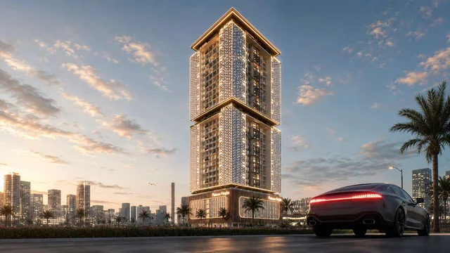 Platinum Heights tower exterior at sunset in Emirates City, Ajman