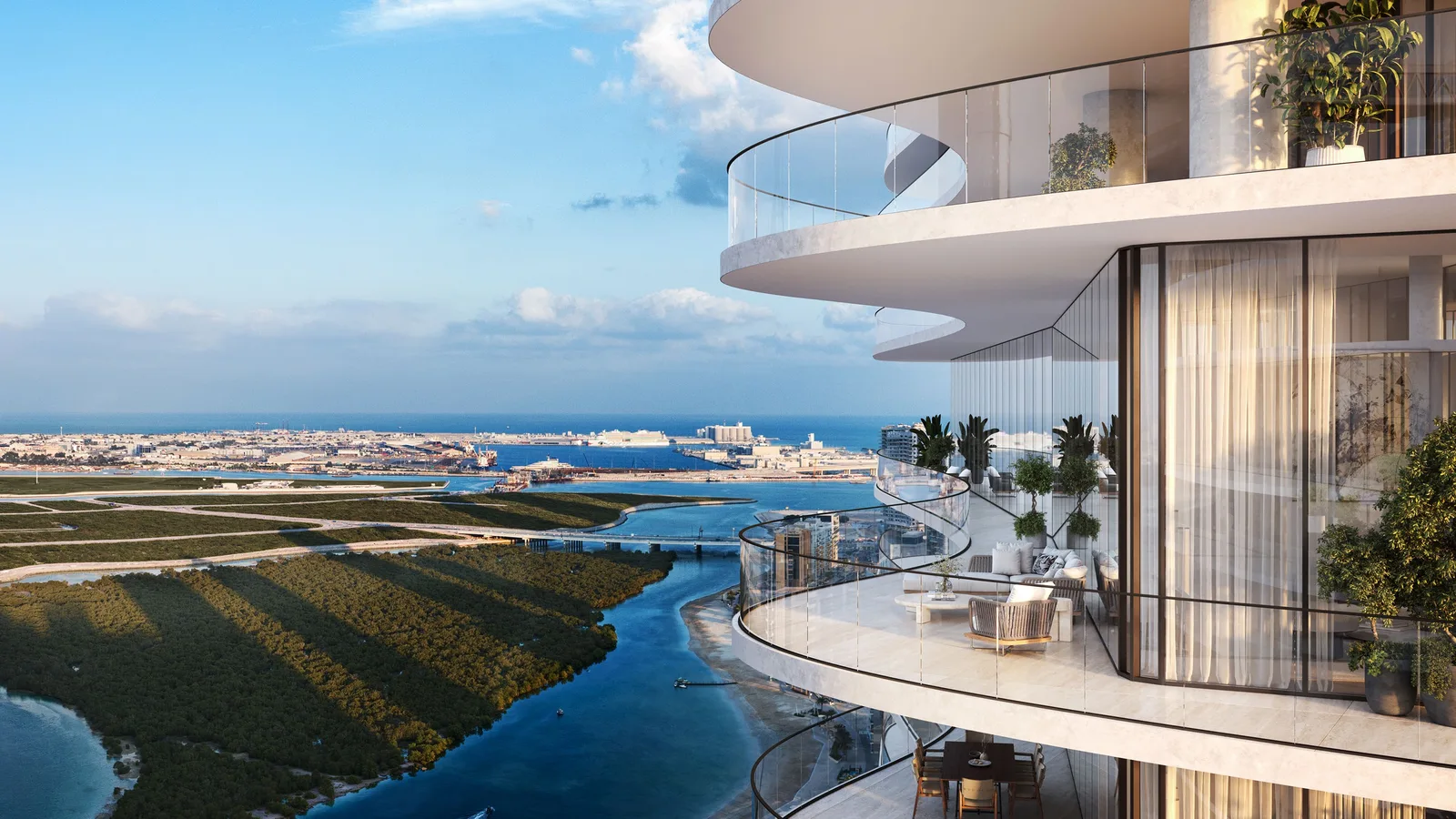 SAAS Heights curved waterfront balconies overlooking Al Reem Island