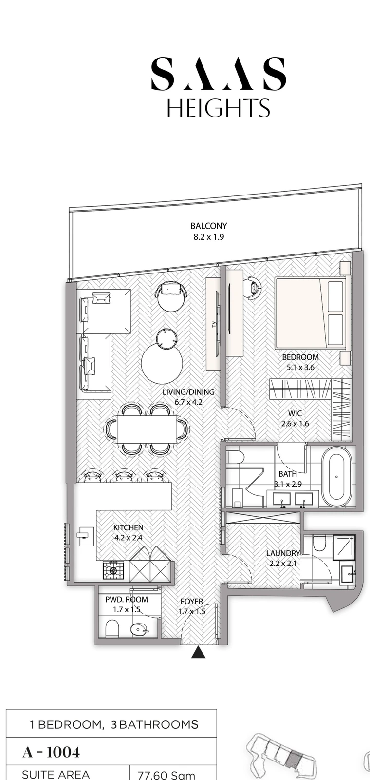 SAAS Heights 1-bedroom 1004 apartment floor plan in Tower A, 1,009.87 sq ft