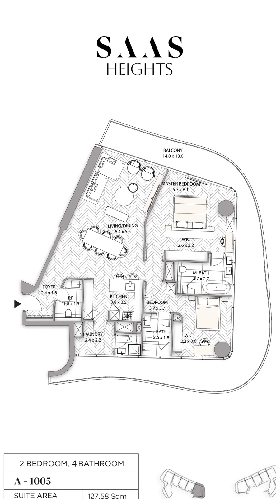 SAAS Heights 2-bedroom 1005 apartment floor plan in Tower A, 2,044.82 sq ft