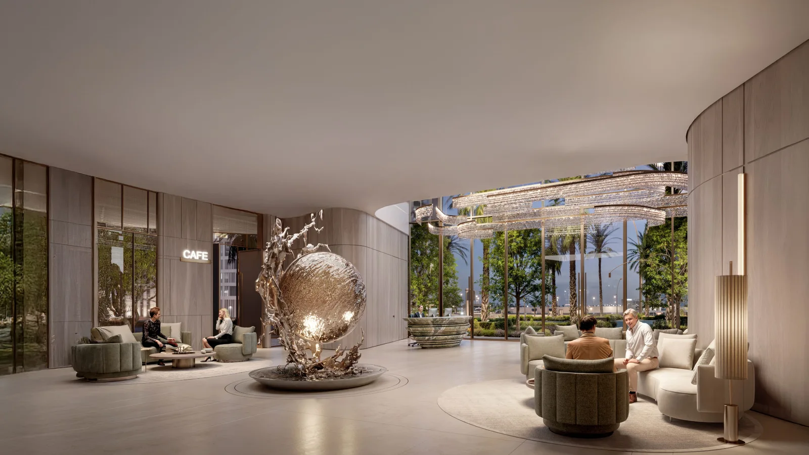 SAAS Heights double-height residential lobby with sculptural lighting