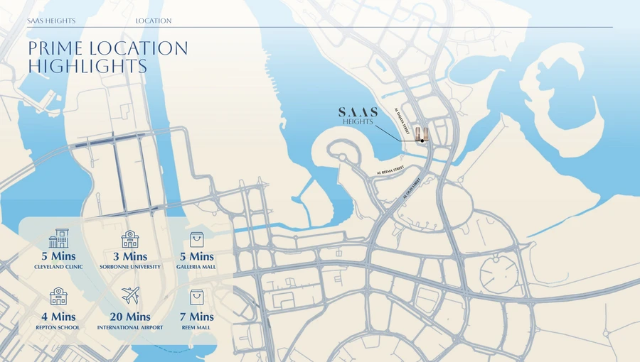 SAAS Heights Al Reem Island location map with nearby Abu Dhabi destinations and travel times