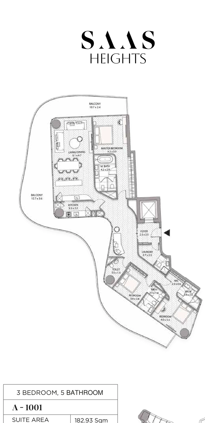 SAAS Heights 3-bedroom 1001 apartment floor plan in Tower A, 3,193.87 sq ft