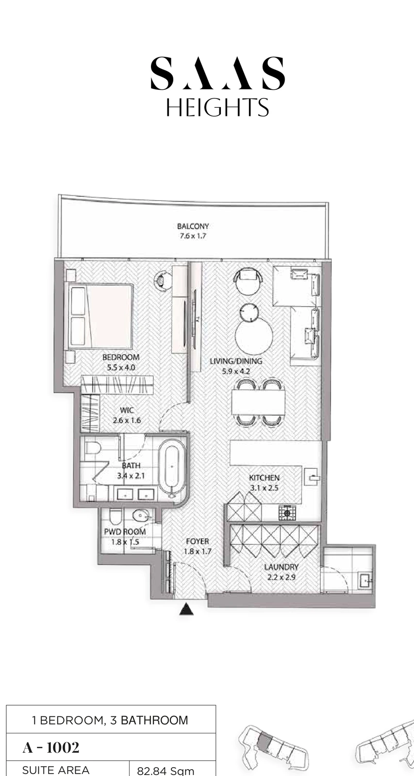 SAAS Heights 1-bedroom 1002 apartment floor plan in Tower A, 1,070.15 sq ft