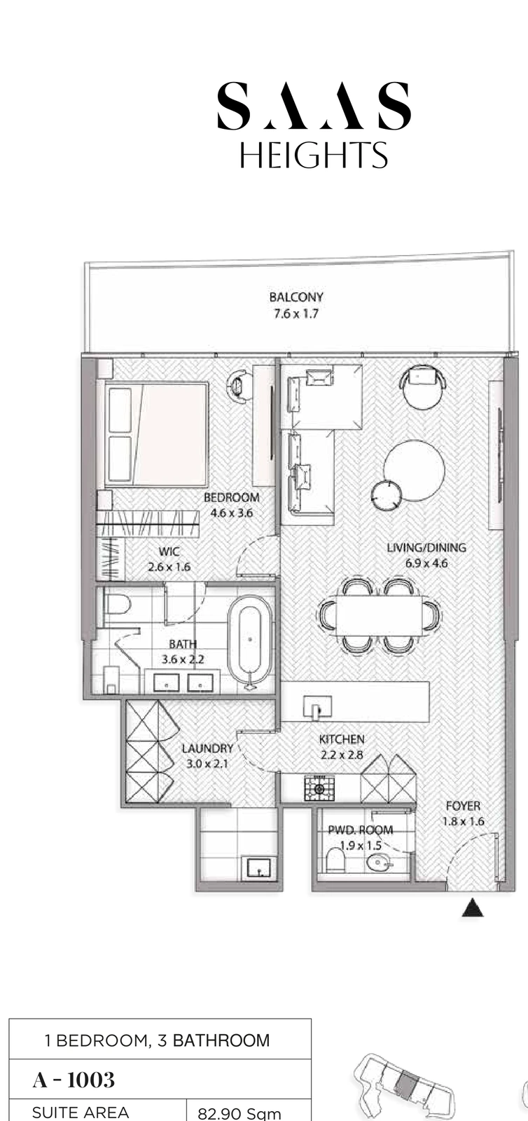 SAAS Heights 1-bedroom 1003 apartment floor plan in Tower A, 1,074.88 sq ft
