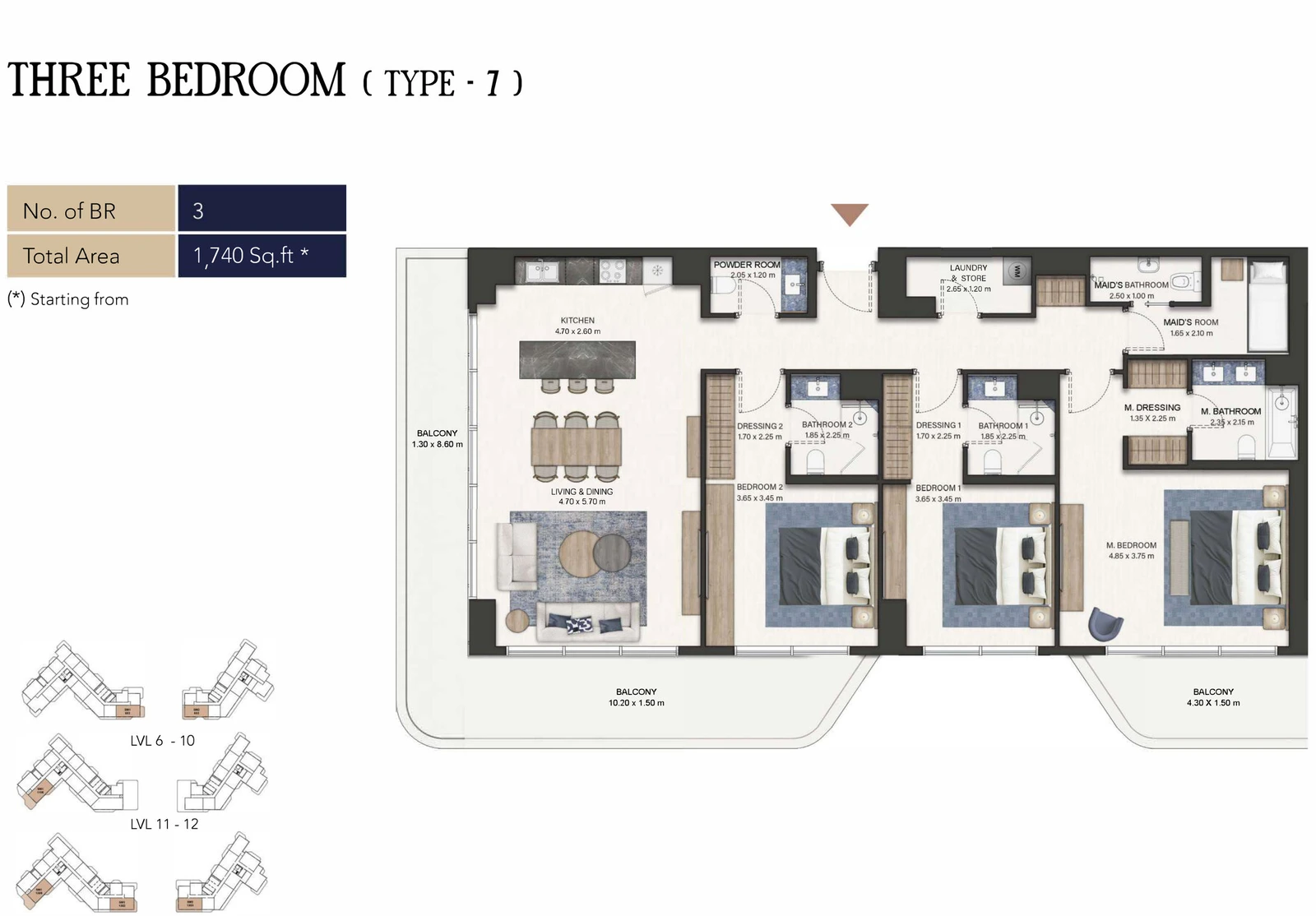 Seamont Autograph Collection Residences 3-bedroom Type 7 apartment floor plan, 1,740 sq ft.