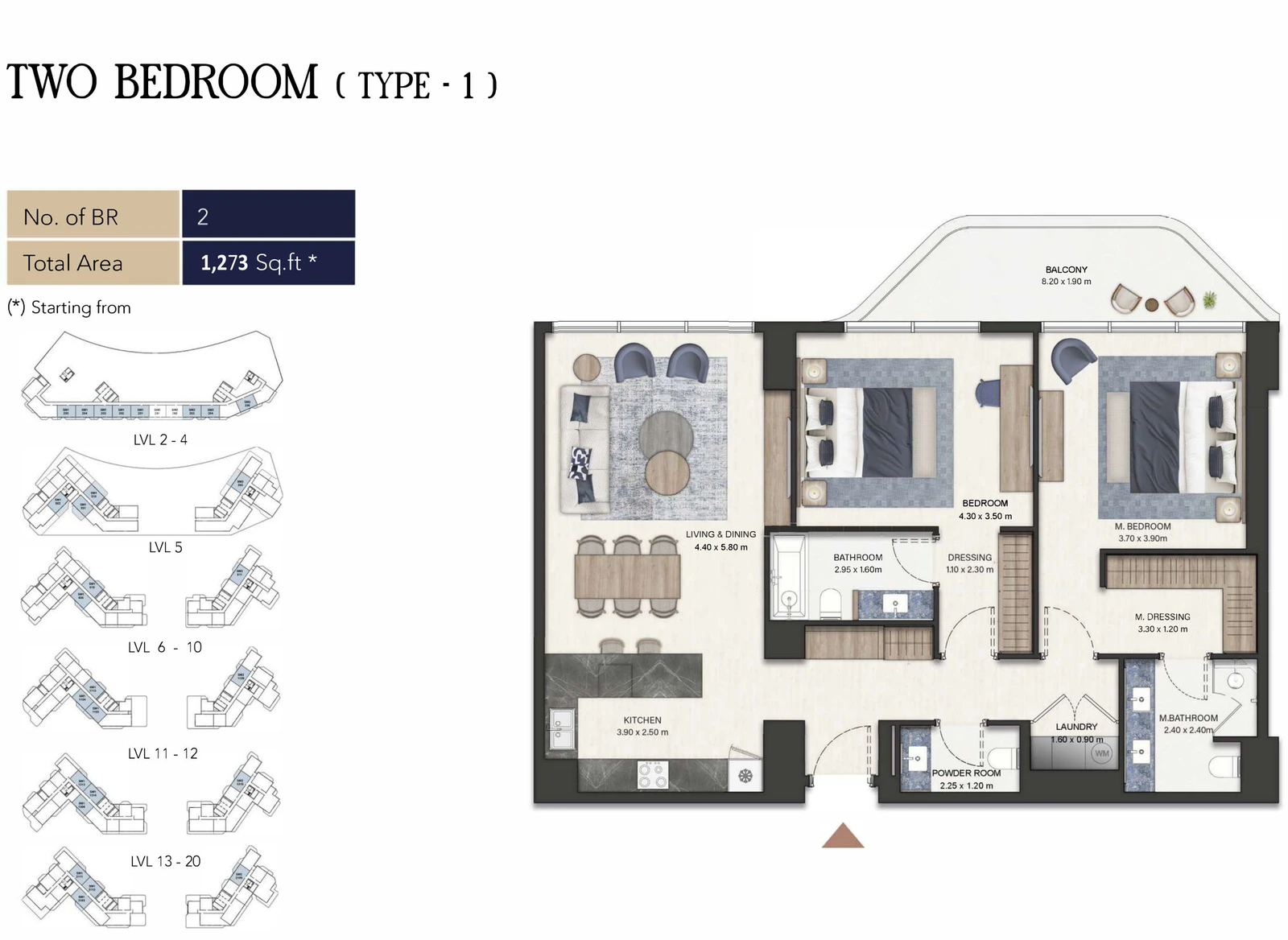 Seamont Autograph Collection Residences 2-bedroom Type 1 apartment floor plan, 1,273 sq ft.