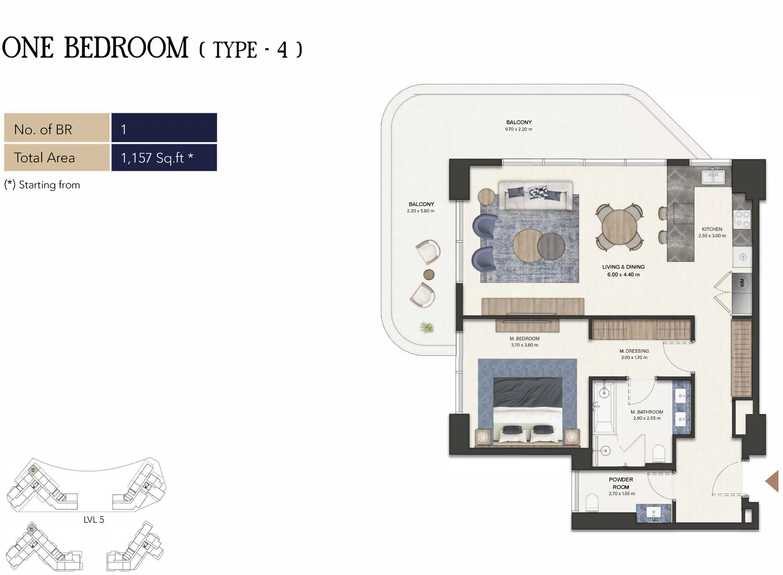 Seamont Autograph Collection Residences 1-bedroom Type 4 apartment floor plan, 1,157 sq ft.