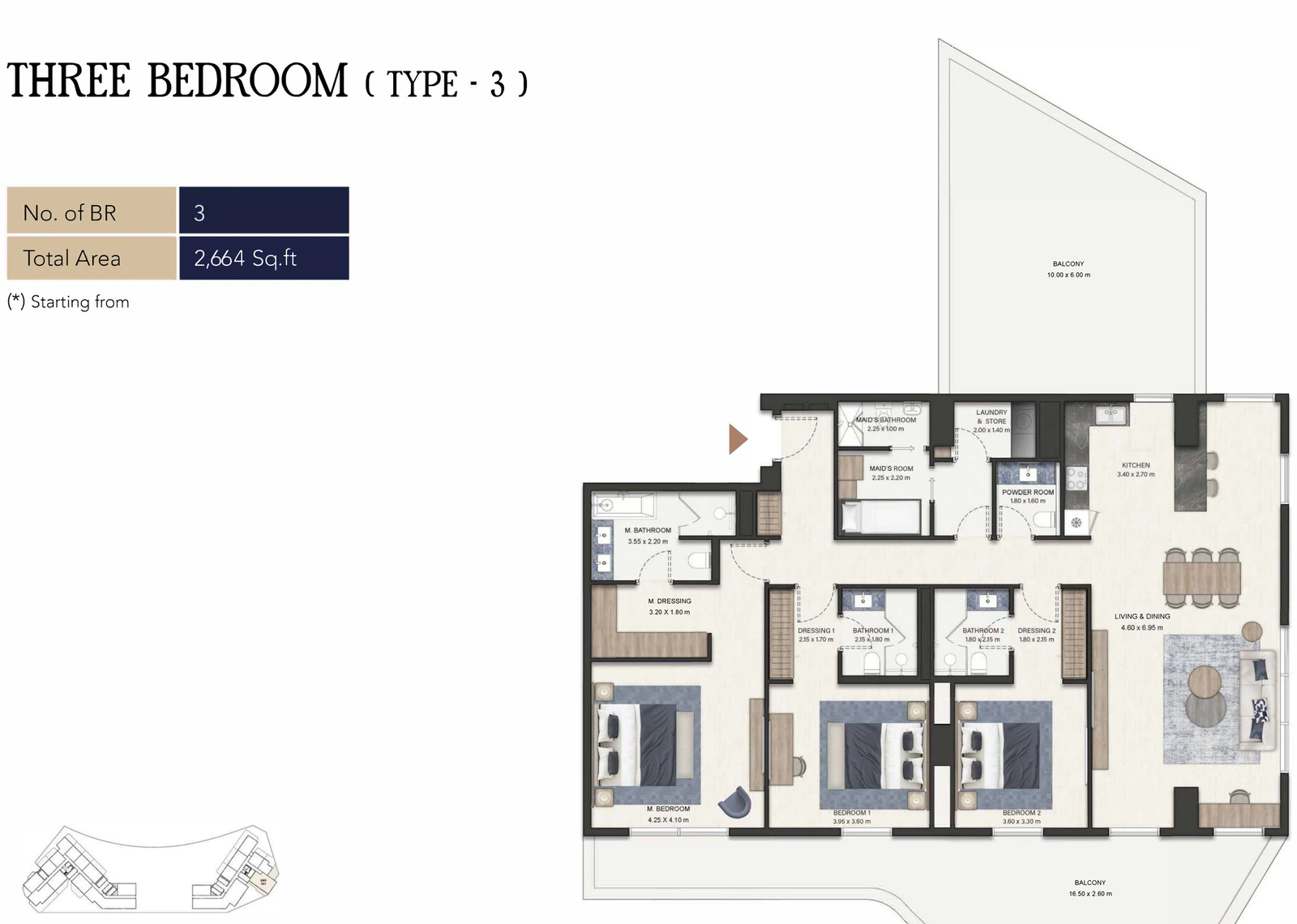 Seamont Autograph Collection Residences 3-bedroom Type 3 apartment floor plan, 2,664 sq ft.