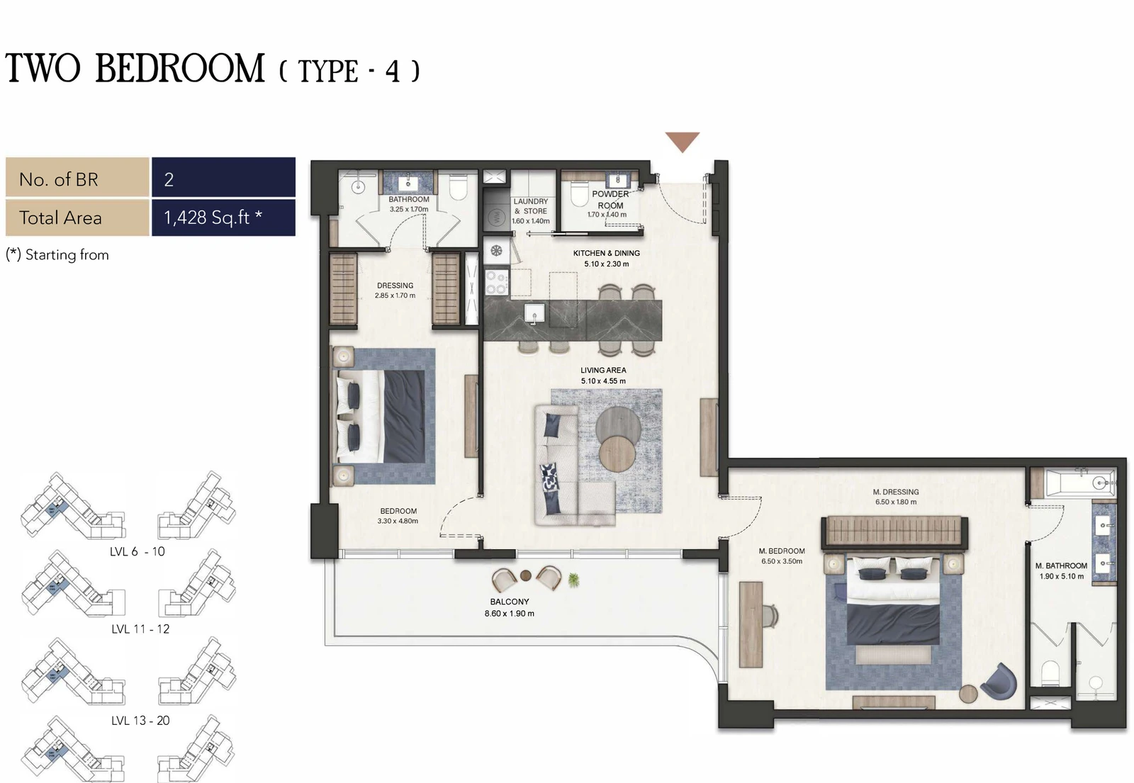 Seamont Autograph Collection Residences 2-bedroom Type 4 apartment floor plan, 1,428 sq ft.