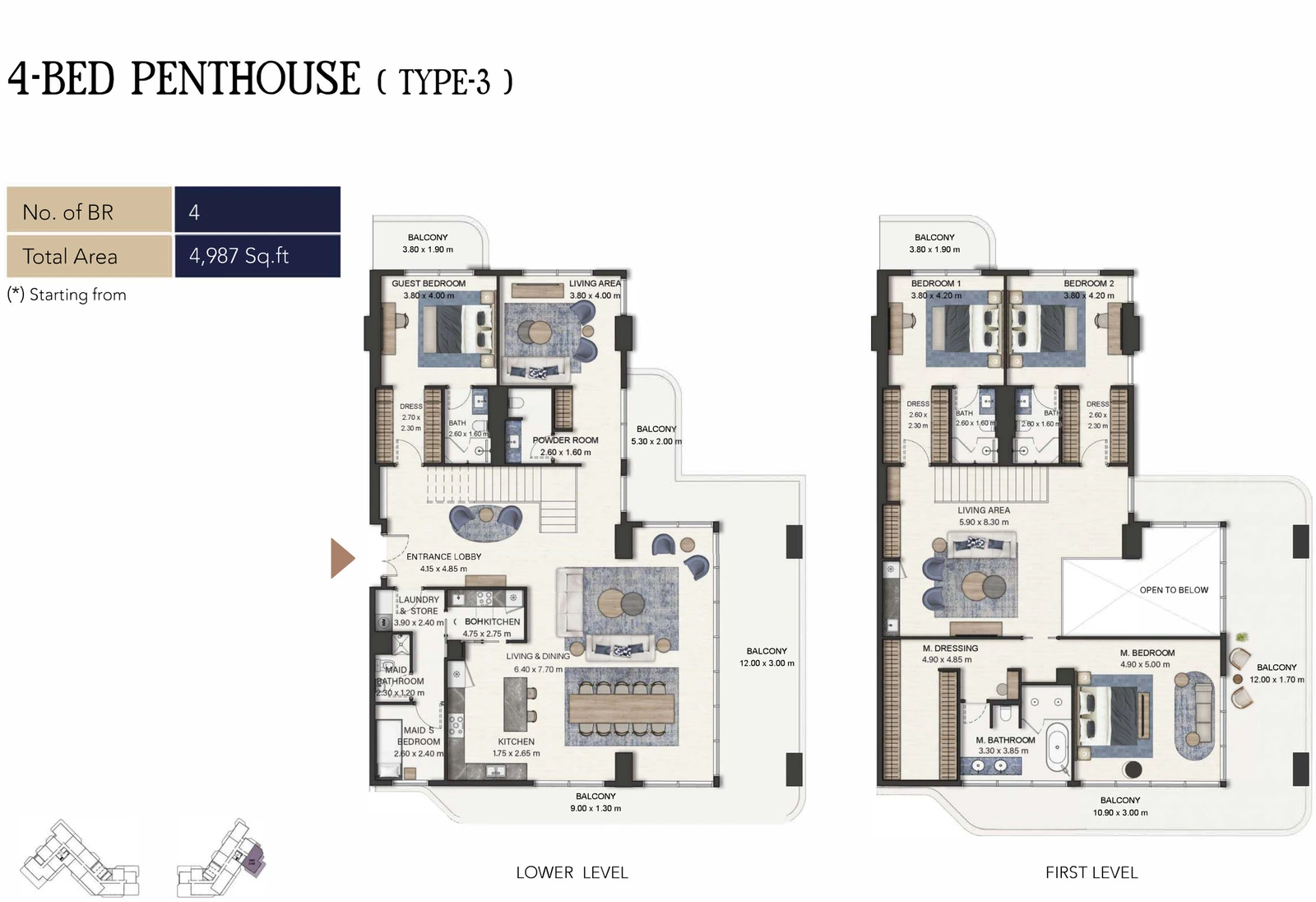 Seamont Autograph Collection Residences 4-bedroom Type 3 penthouse lower and first level floor plans, 4,987 sq ft.