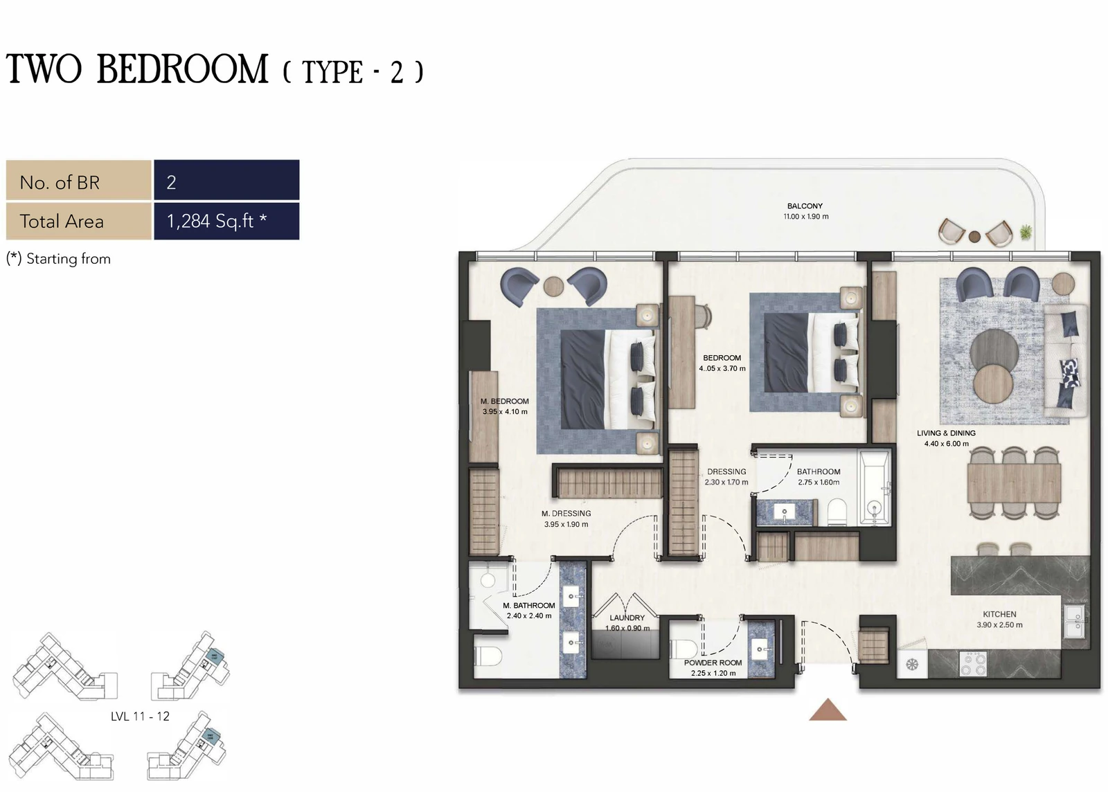 Seamont Autograph Collection Residences 2-bedroom Type 2 apartment floor plan, 1,284 sq ft.