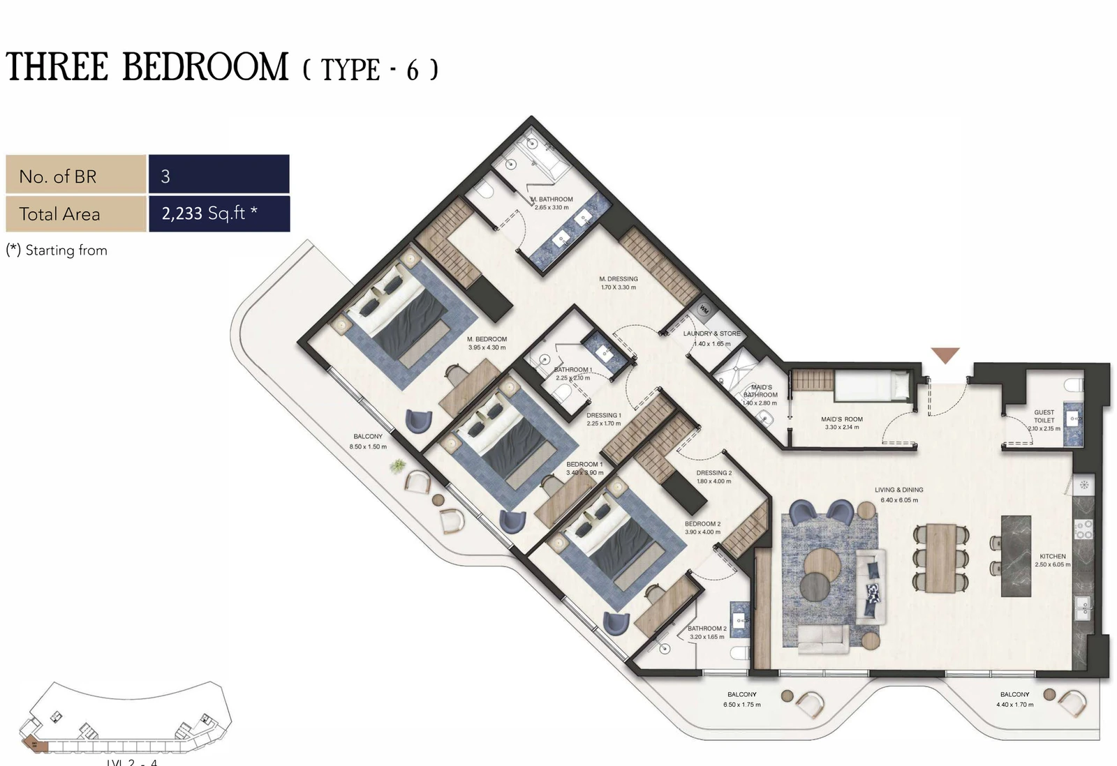 Seamont Autograph Collection Residences 3-bedroom Type 6 apartment floor plan, 2,233 sq ft.