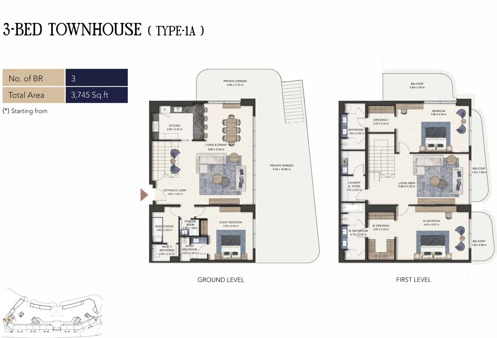 Seamont Autograph Collection Residences 3-bedroom Type 1A townhouse ground and first level floor plans, 3,745 sq ft.