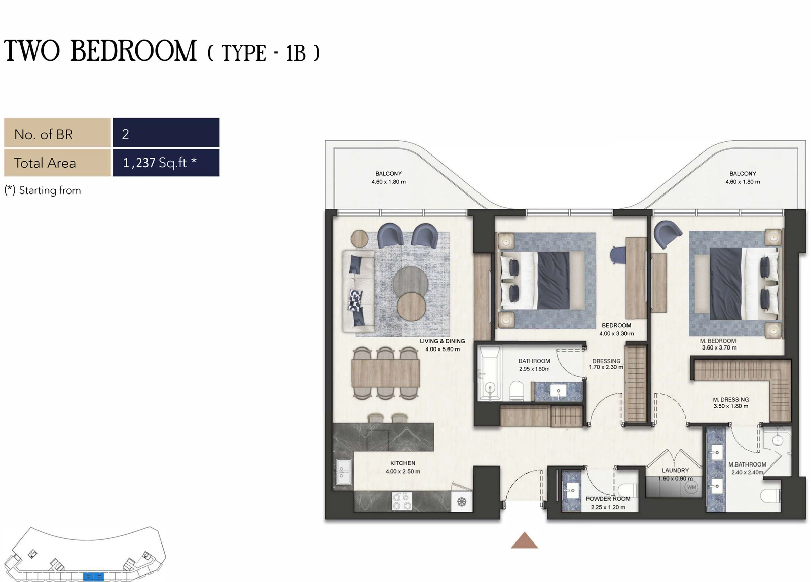 Seamont Autograph Collection Residences 2-bedroom Type 1B apartment floor plan, 1,237 sq ft.
