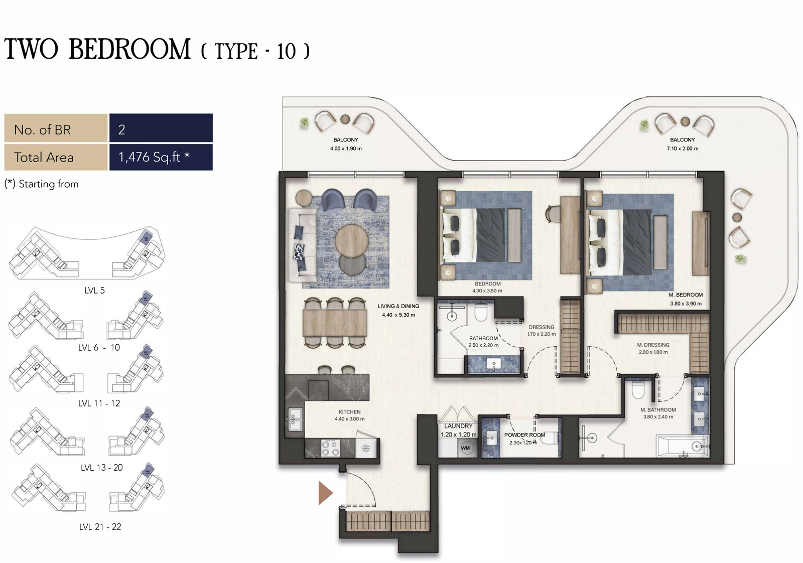 Seamont Autograph Collection Residences 2-bedroom Type 10 apartment floor plan, 1,476 sq ft.
