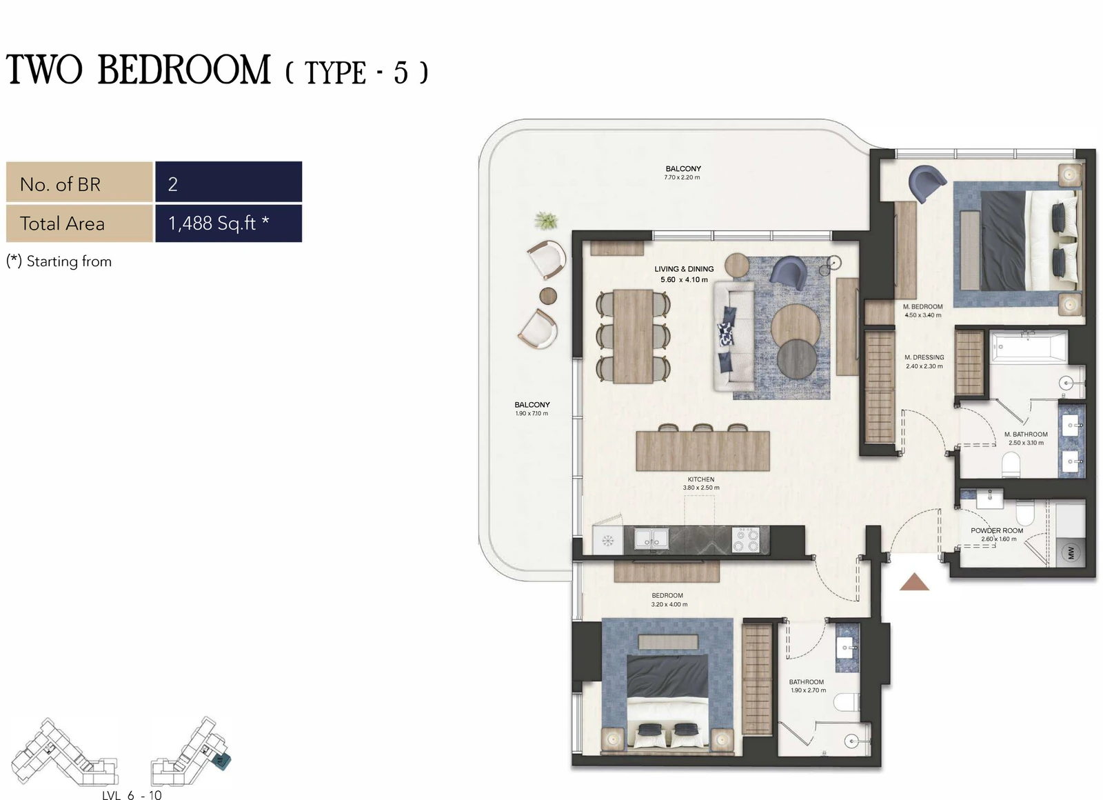 Seamont Autograph Collection Residences 2-bedroom Type 5 apartment floor plan, 1,488 sq ft.